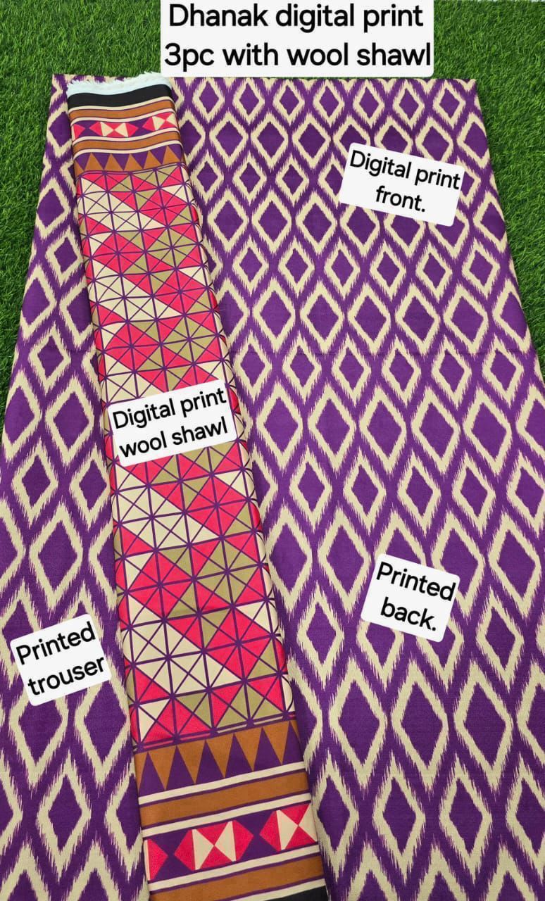 DHANAK PRINTED 3pc With WOOL SHAWL