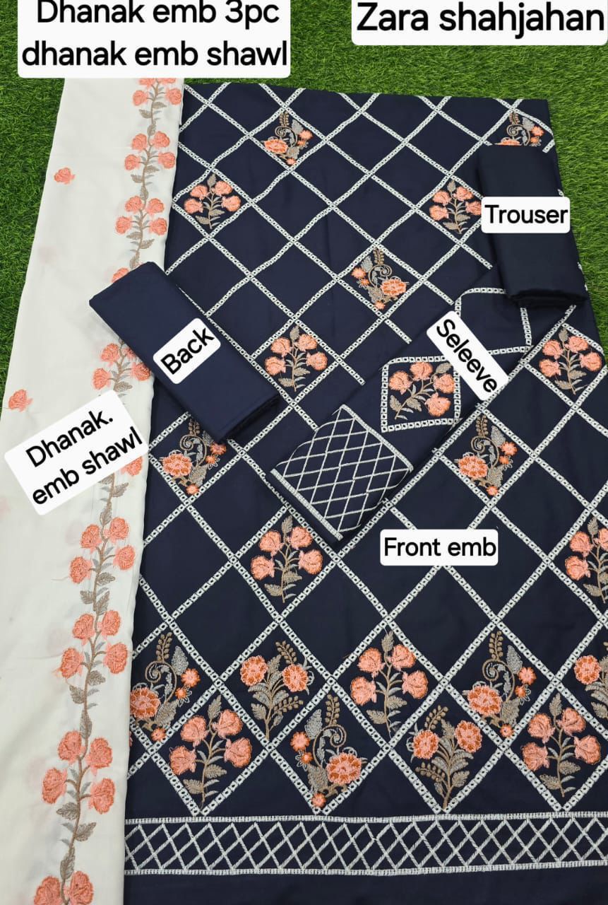 ZARA SHAHJAHAN DHANAK EMB 3pc WITH DHANAK EMB DUPPATA