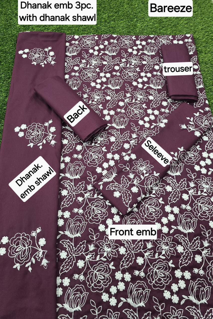 BAREEZE DHANAK EMB 3pc WITH DHANAK EMB DUPPATA
