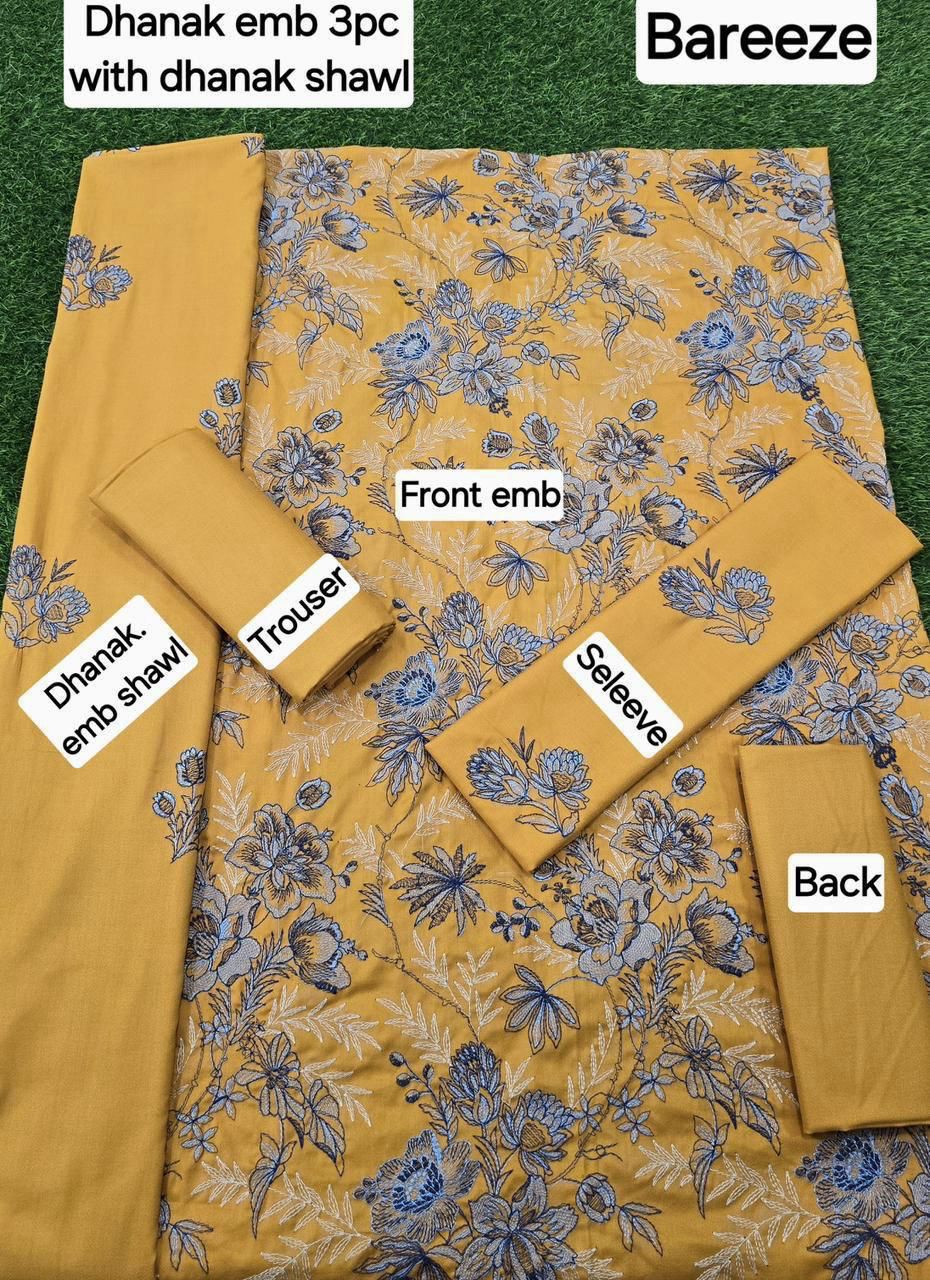 BAREEZE DHANAK EMB 3pc WITH DHANAK EMB DUPPATA