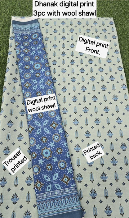 DHANAK PRINTED 3pc With WOOL SHAWL