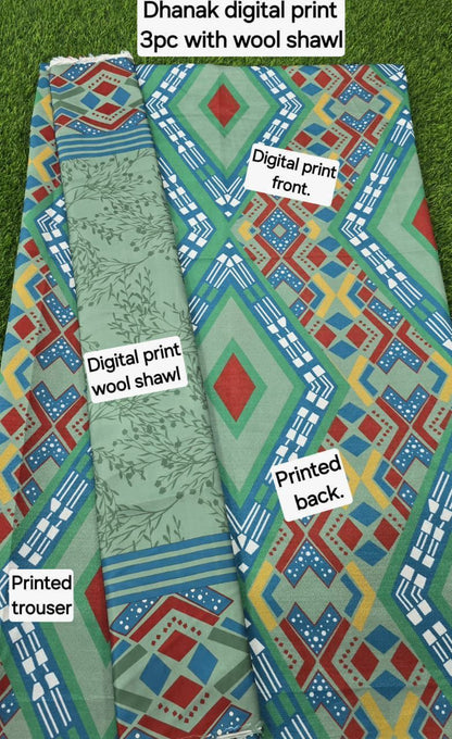 DHANAK PRINTED 3pc With WOOL SHAWL