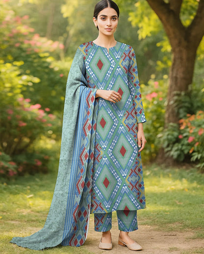 DHANAK PRINTED 3pc With WOOL SHAWL