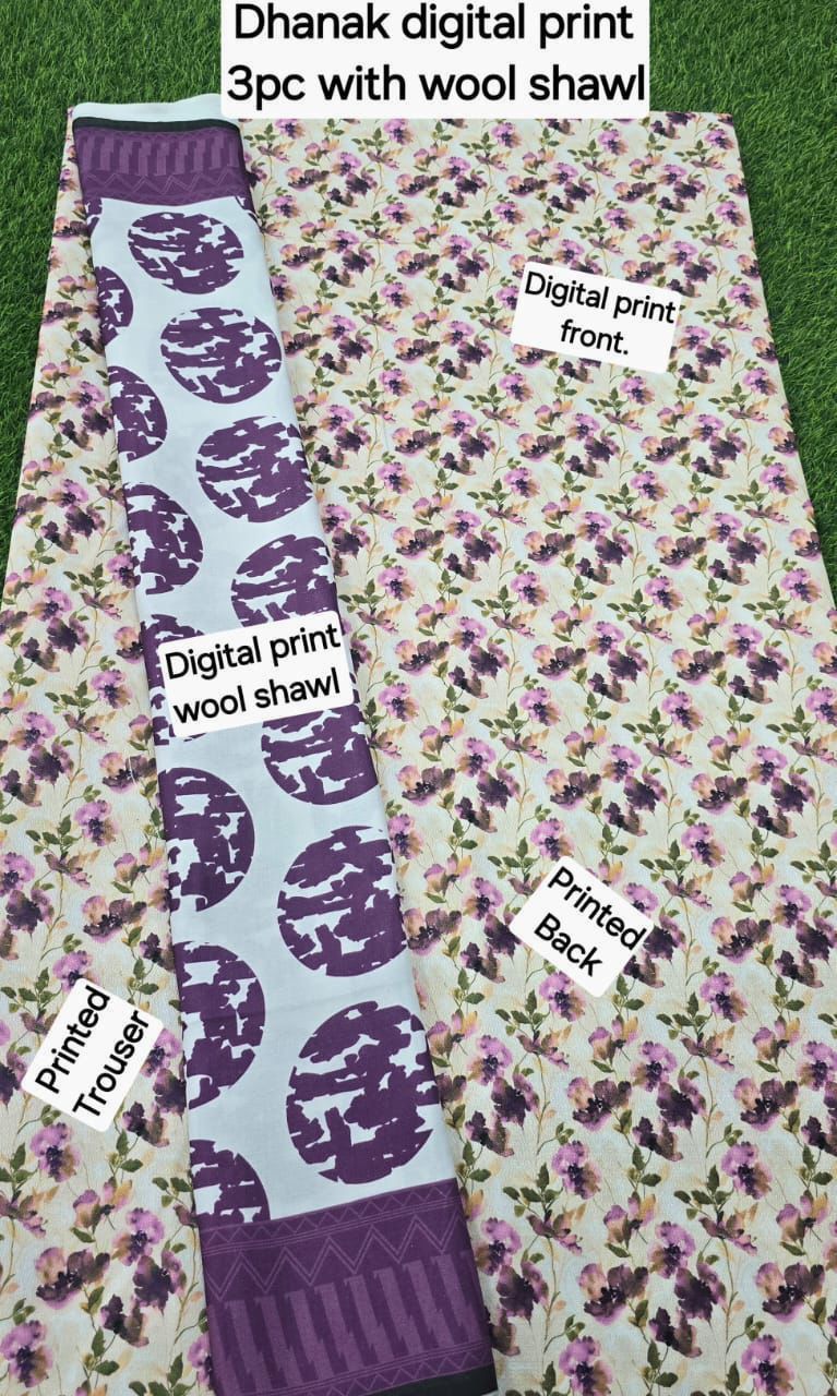 DHANAK PRINTED 3pc With WOOL SHAWL