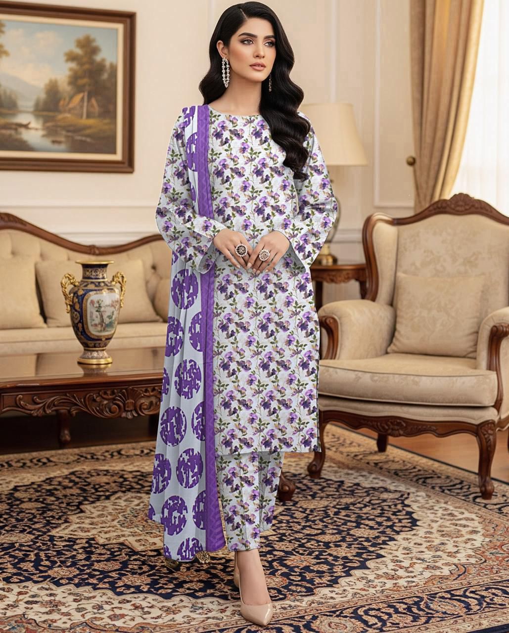 DHANAK PRINTED 3pc With WOOL SHAWL