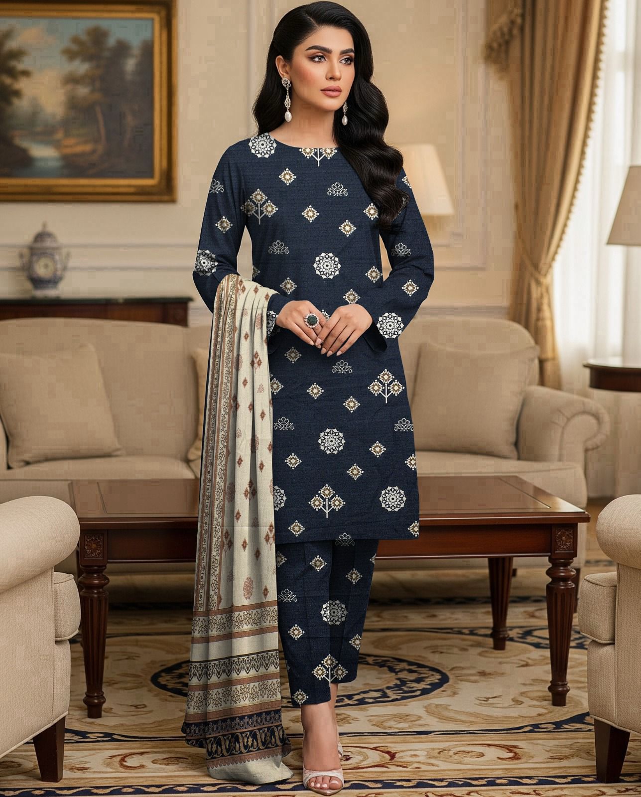 DHANAK PRINTED 3pc With PASHMINA SHAWL