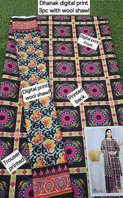 DHANAK PRINTED 3pc With WOOL SHAWL