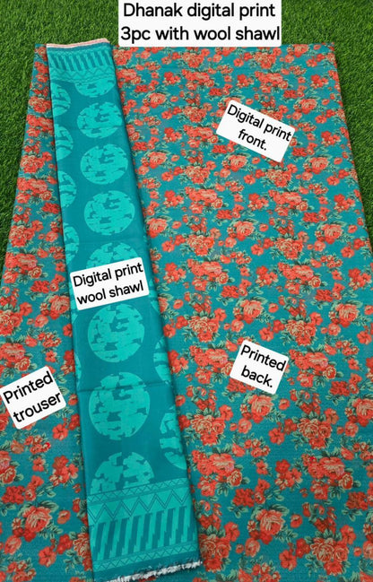 DHANAK PRINTED 3pc With WOOL SHAWL