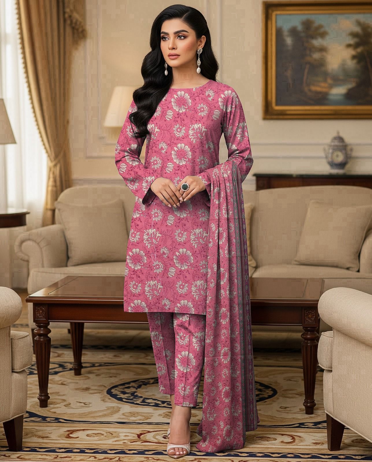 DHANAK PRINTED 3pc With PASHMINA SHAWL