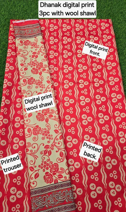 DHANAK PRINTED 3pc With WOOL SHAWL
