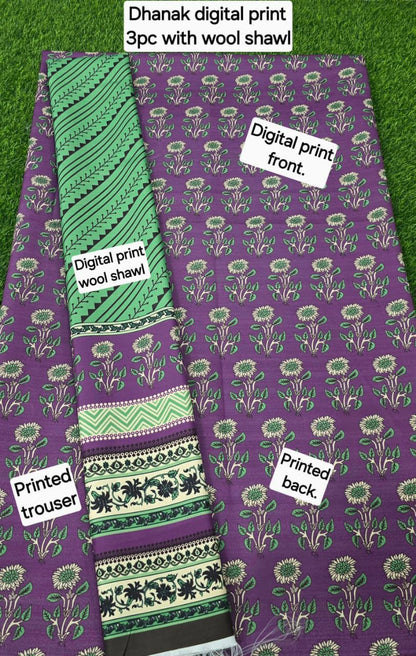 DHANAK PRINTED 3pc With WOOL SHAWL