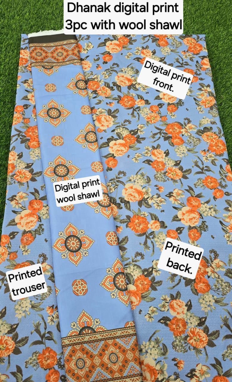 DHANAK PRINTED 3pc With WOOL SHAWL
