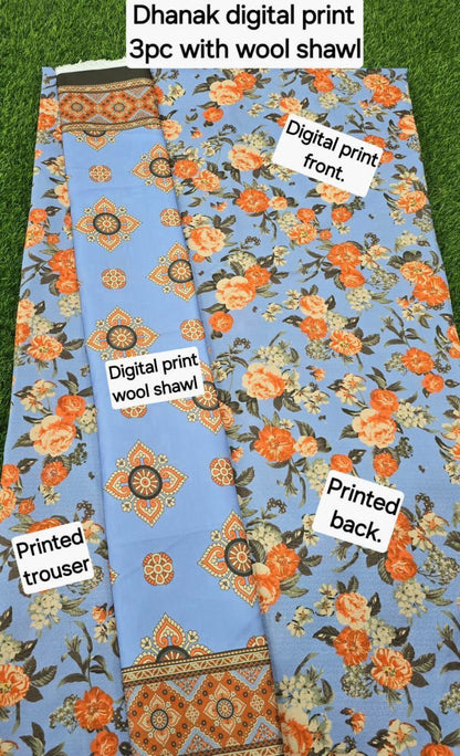 DHANAK PRINTED 3pc With WOOL SHAWL