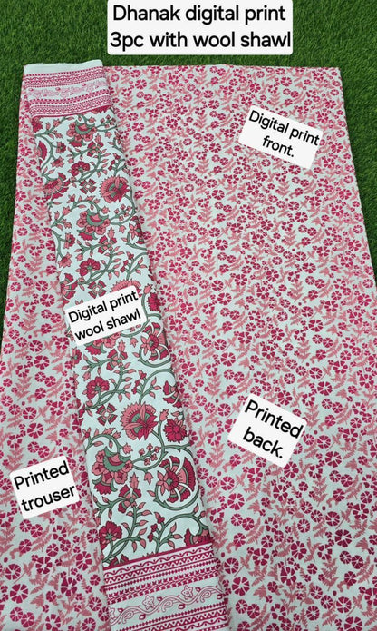 DHANAK PRINTED 3pc With WOOL SHAWL