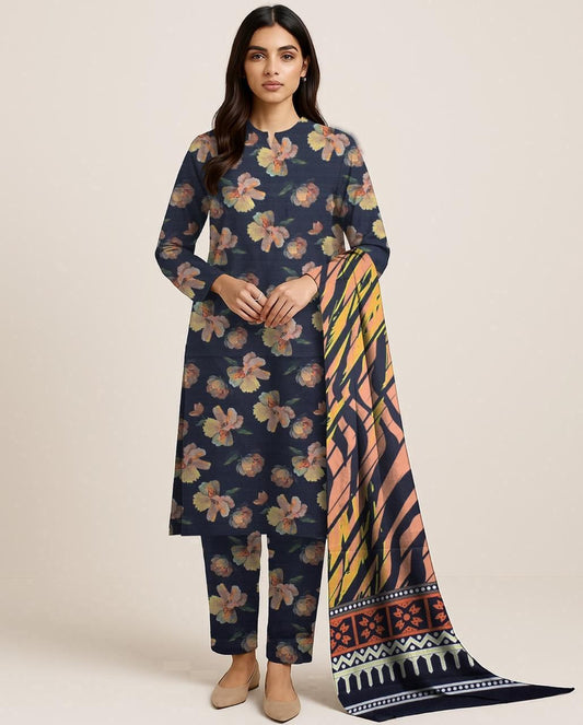 DHANAK PRINTED 3pc With WOOL SHAWL