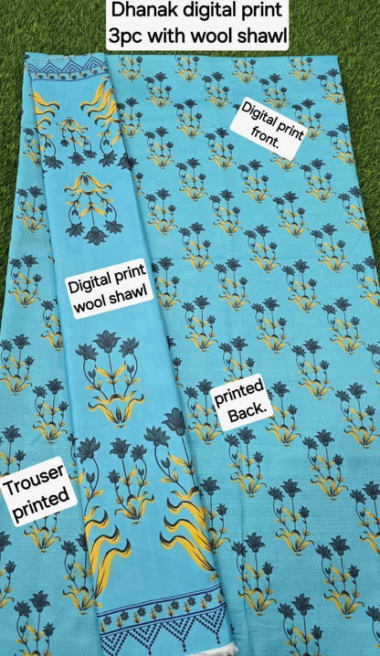 DHANAK PRINTED 3pc With WOOL SHAWL