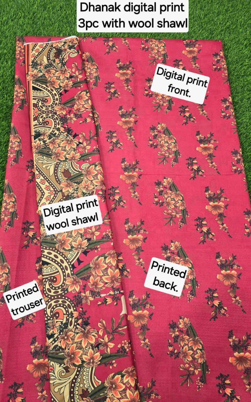 DHANAK PRINTED 3pc With WOOL SHAWL