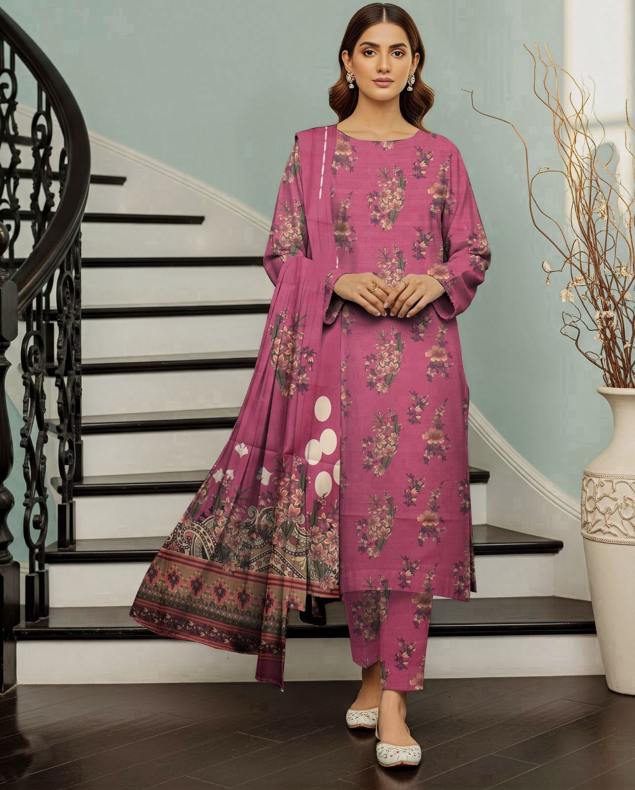 DHANAK PRINTED 3pc With WOOL SHAWL