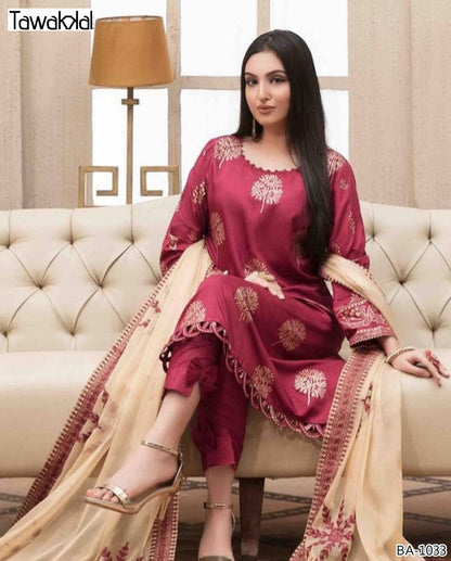 TAWAKKAL DHANAK EMB 3pc WITH BAMBER EMB DUPPATA