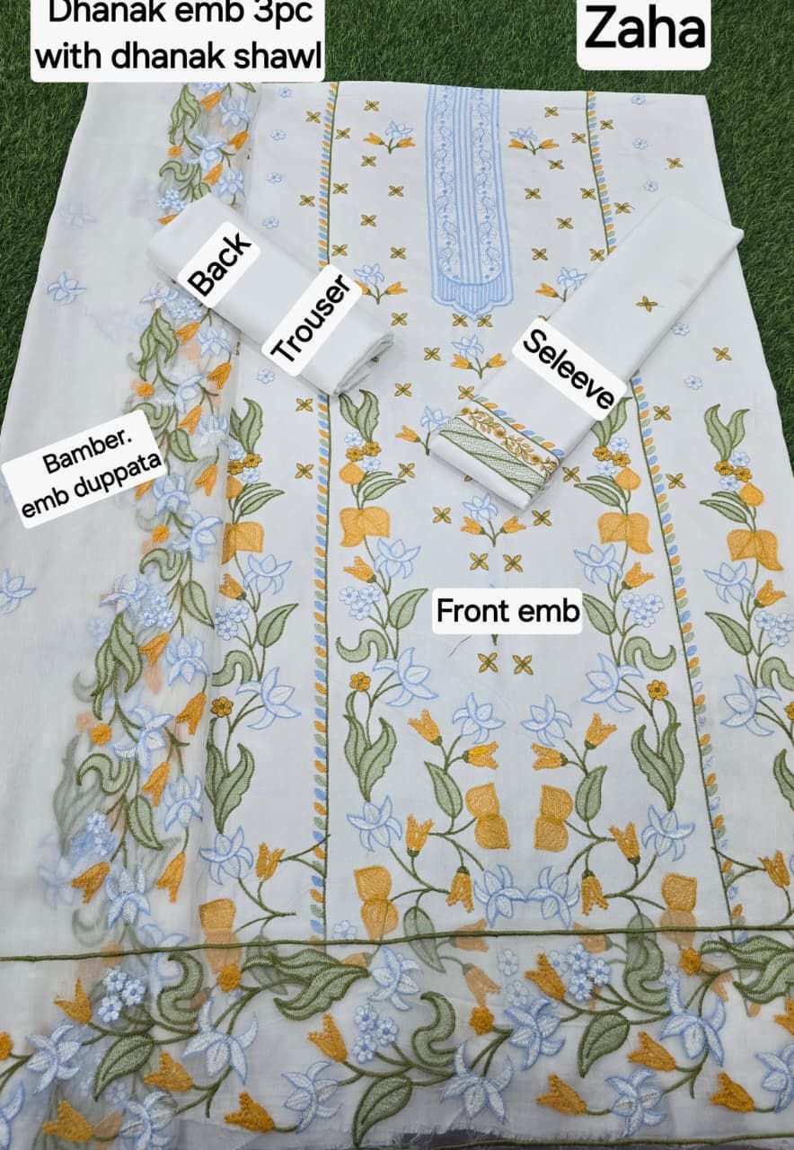 ZAHA DHANAK EMB 3pc WITH BAMBER EMB DUPPATA
