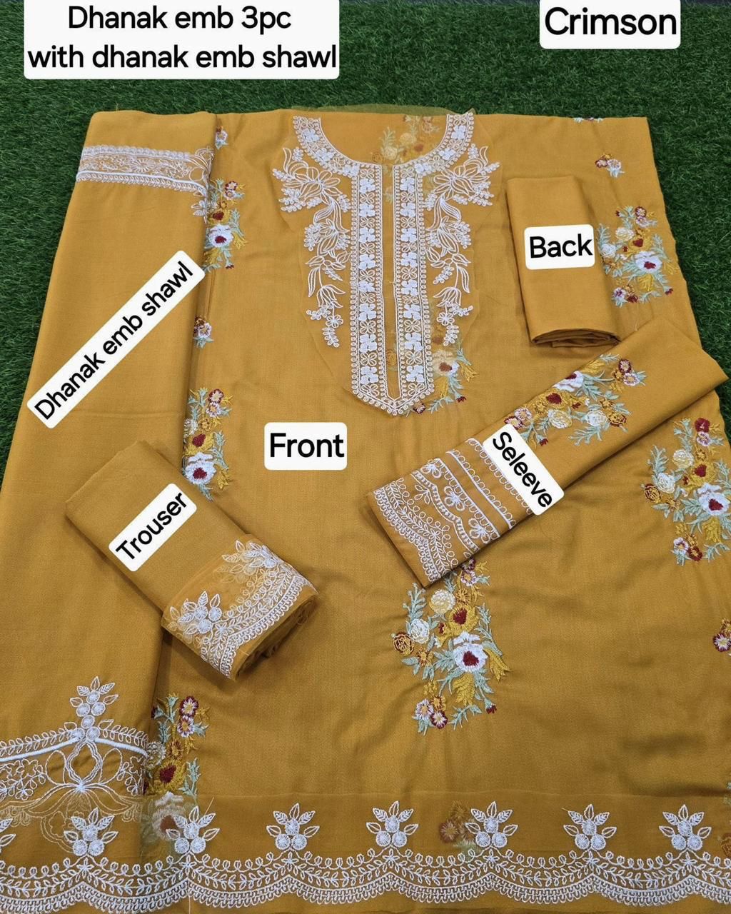 CRIMSON DHANAK EMB 3pc WITH DHANAK EMB DUPPATA