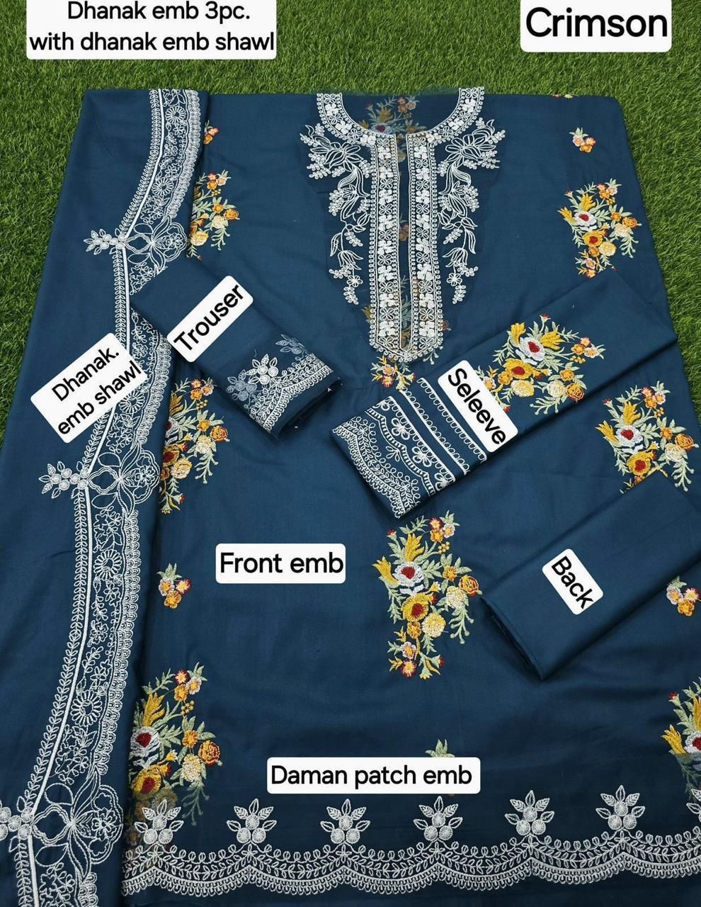 CRIMSON DHANAK EMB 3pc WITH DHANAK EMB DUPPATA