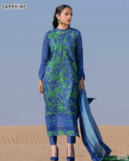 SAPPHIRE DHANAK EMB 3pc WITH DHANAK EMB DUPPATA