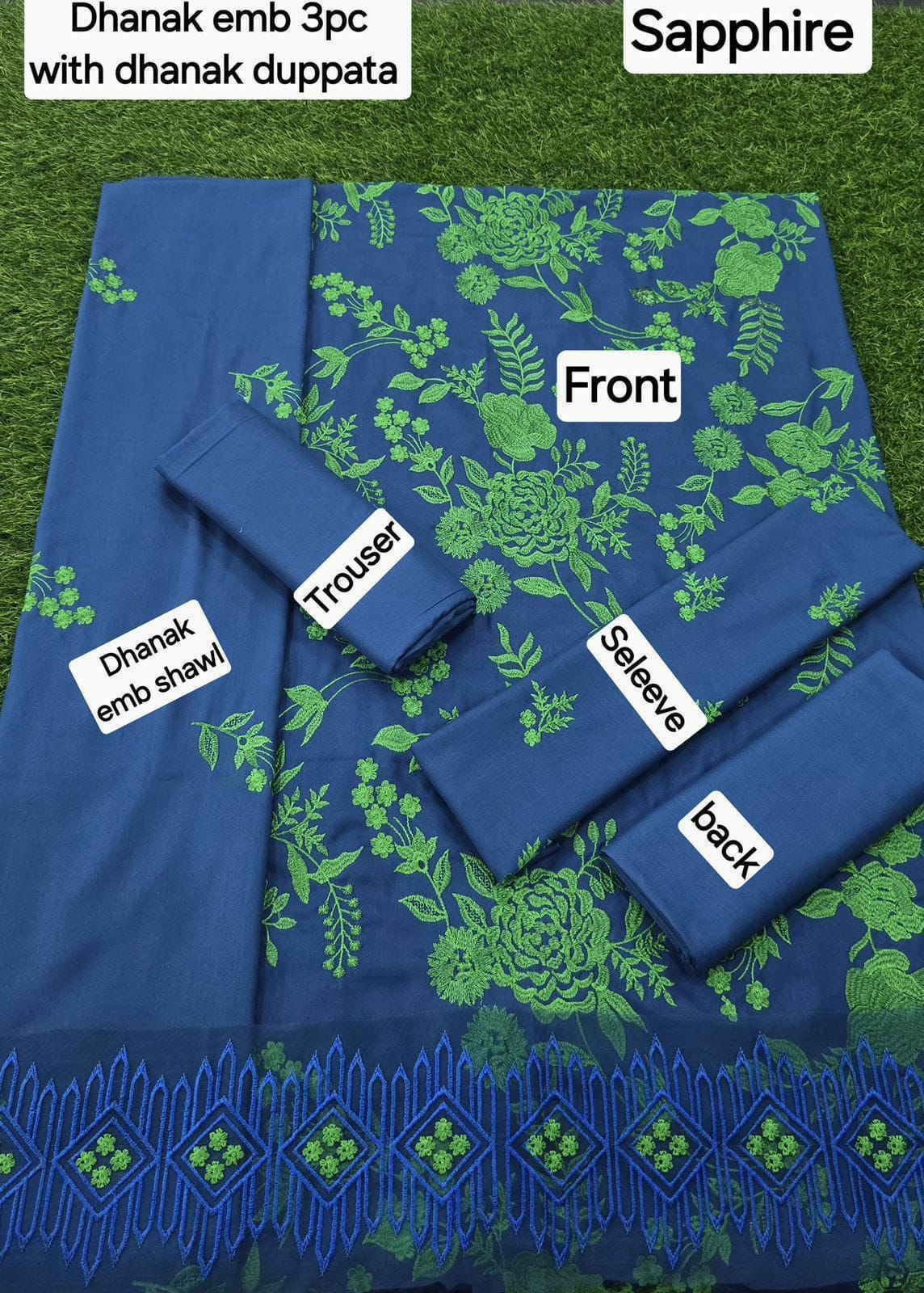 SAPPHIRE DHANAK EMB 3pc WITH DHANAK EMB DUPPATA